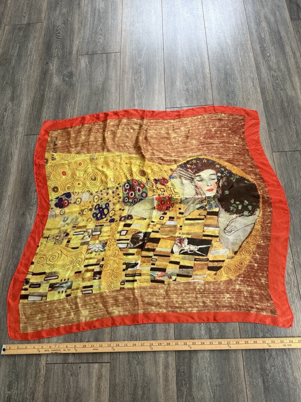 Vintage Hand Rolled Silk Gustav Klimt Scarf The Kiss Artsy Colorful 34x34